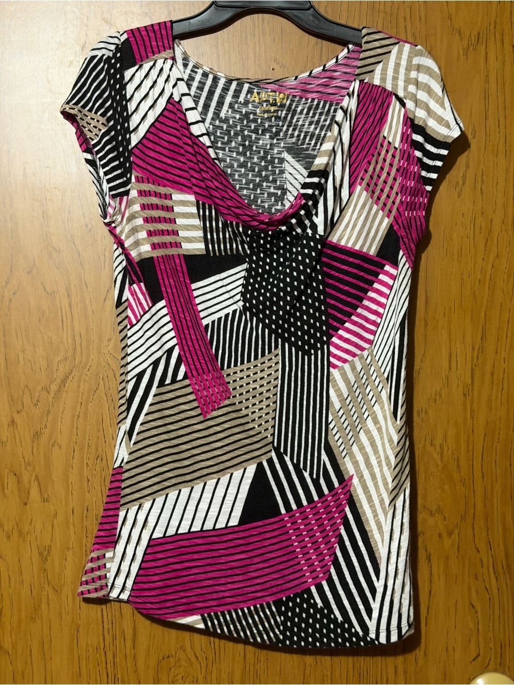 Apt. 9 Geometric Print Cowl Neck Cap Sleeve Top - Magenta/Black/White/Tan